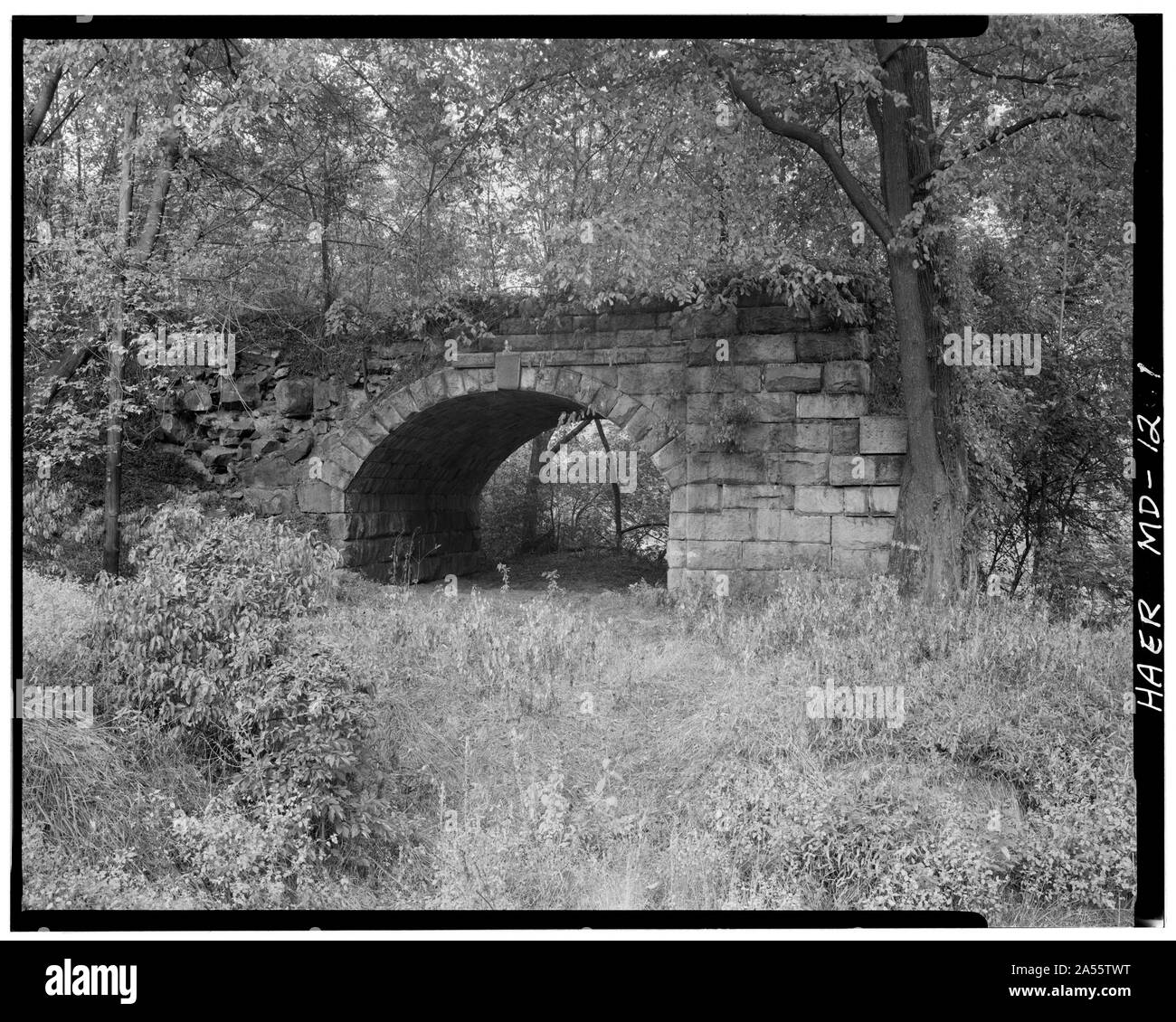 Vue de l'Ouest à la culée nord, MONTRANT LA ROUTE COMMUNE ARCH - Baltimore and Ohio Railroad, Patterson Viaduc, rive ouest de la rivière Patapsco, près de pont de Ilchester, Ilchester, Howard County, MD Banque D'Images