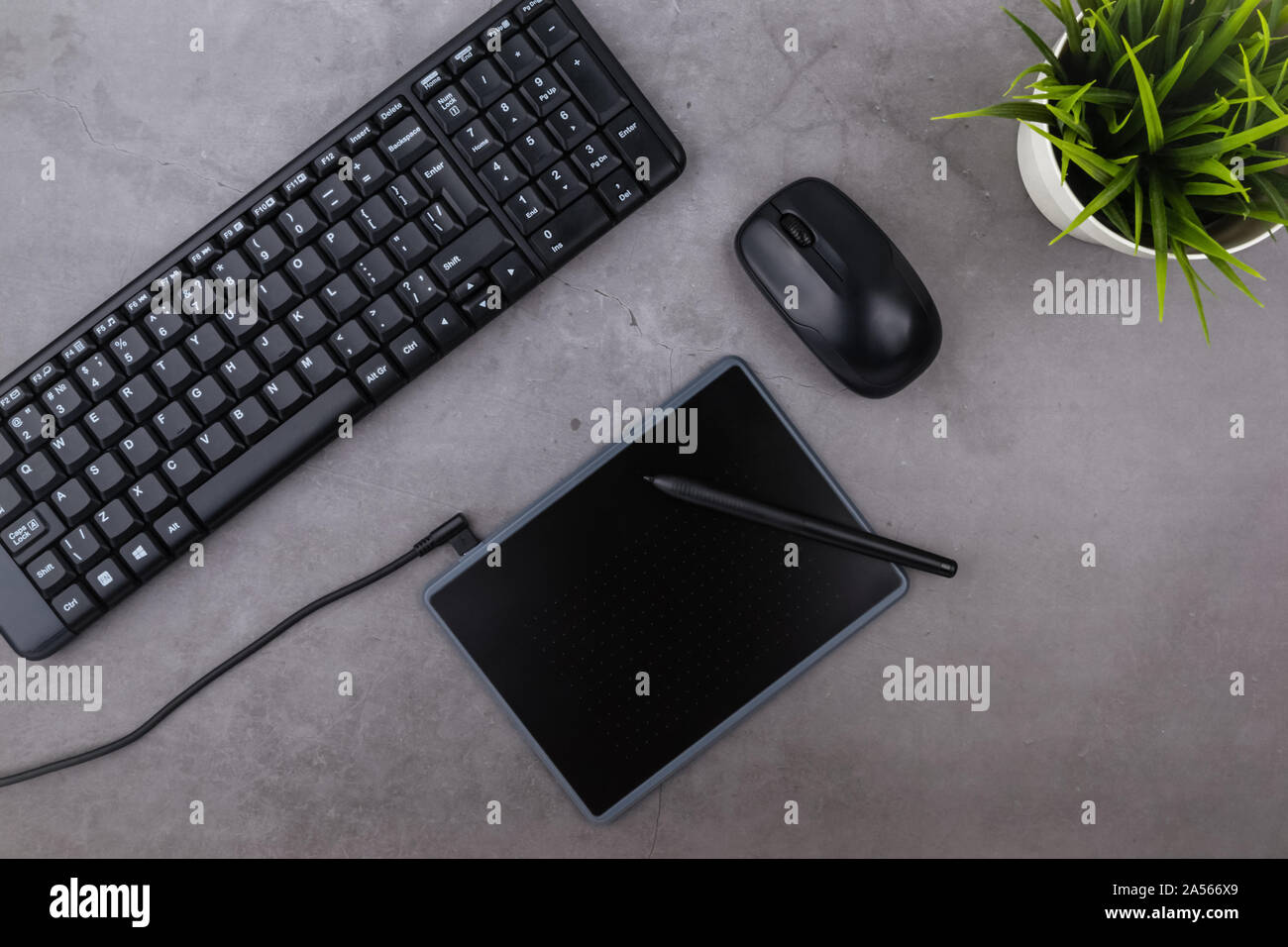 Lieu de travail sur table avec copie espace sombre. Clavier, souris, stylo, tablette graphique, fleur en pot. Mise à plat. Vue de dessus de l'office de tableau noir Banque D'Images