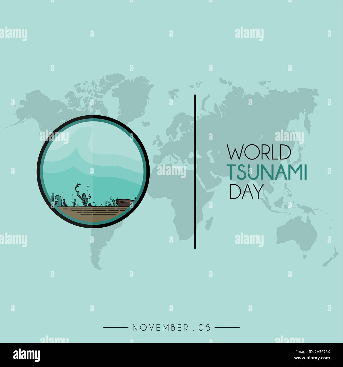 Journée mondiale de l'icône du Tsunami vecteur conception, visible de la mer, et la vie avec la carte du monde Banque D'Images