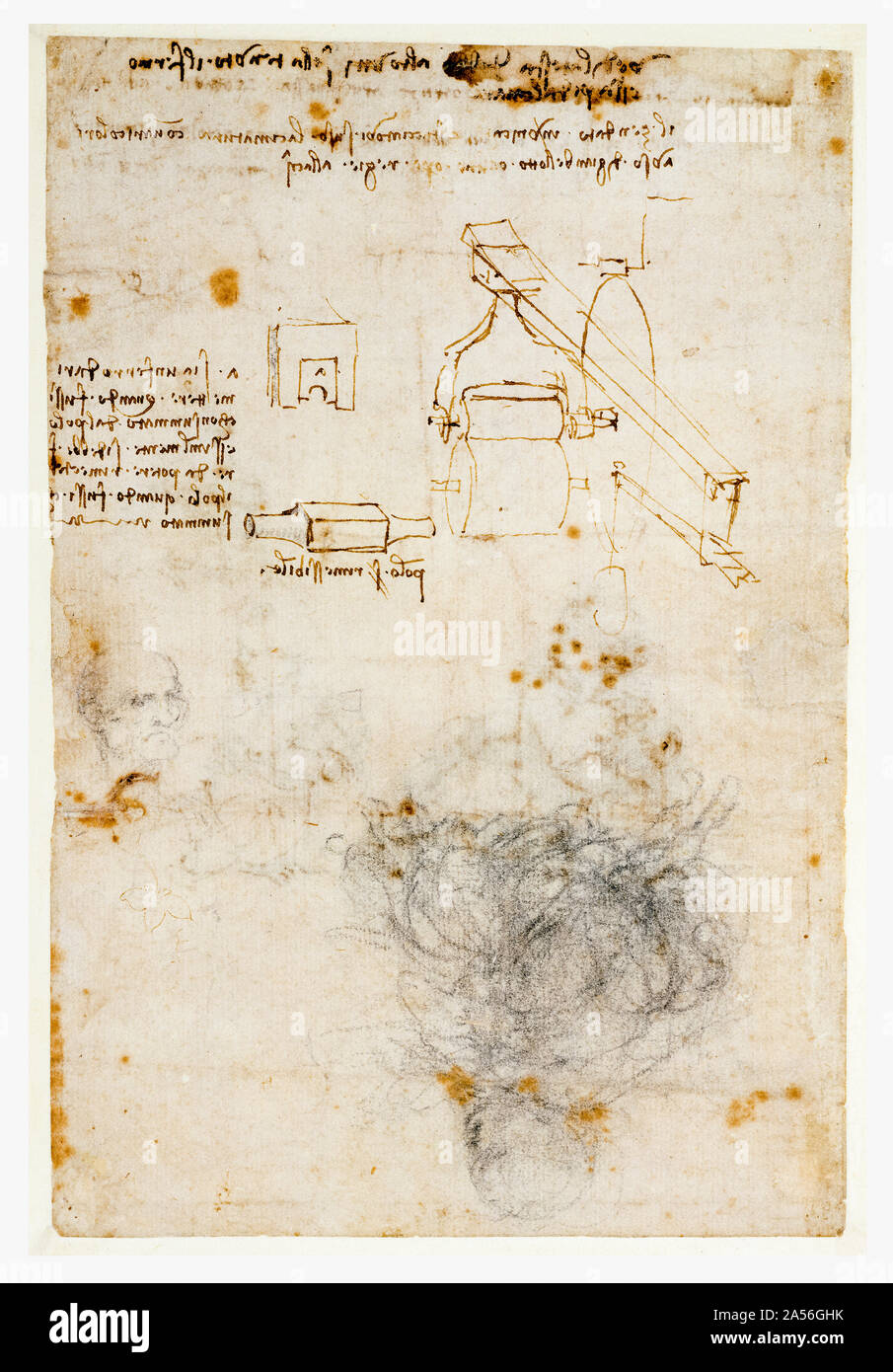 Leonardo Da Vinci, chef d'un vieil homme et d'études de machinerie, dessin, 1503-1506 Banque D'Images