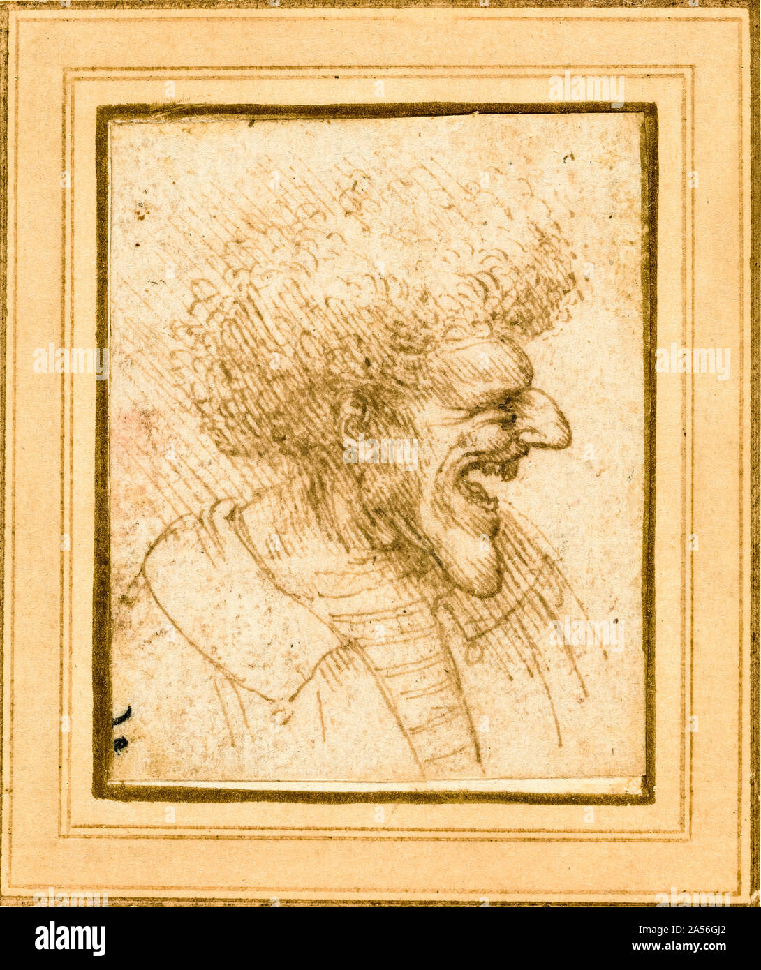 Leonardo Da Vinci, la caricature d'un homme avec des cheveux touffus, dessin, vers 1495 Banque D'Images