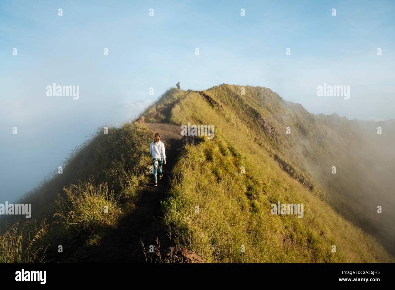 Jeune femme sur la randonnée touristique haut de Misty Mountain, vue arrière, Bali, Indonésie Banque D'Images