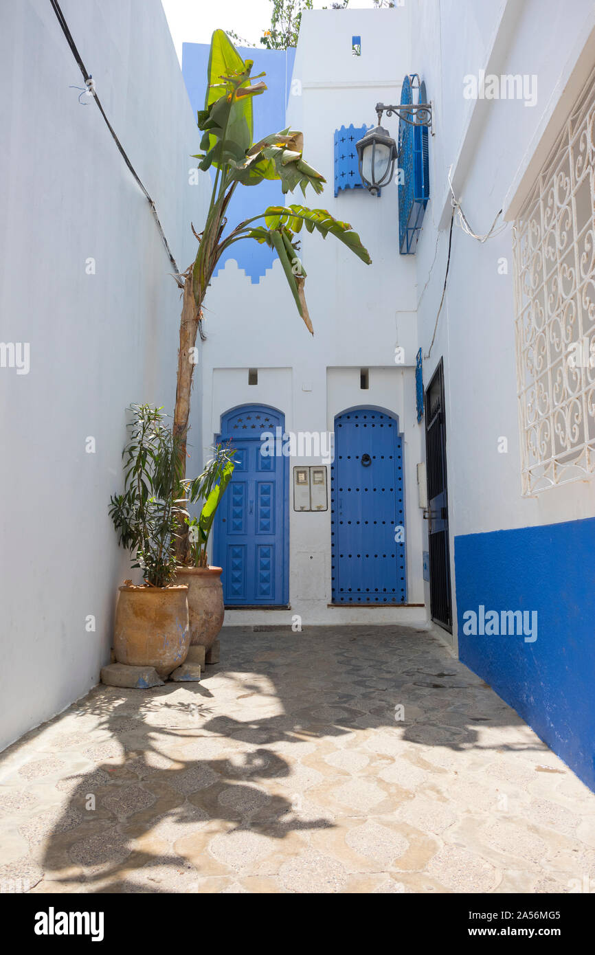Paire de portes en bois peint en bleu dans une ruelle dans la médina d'Asilah, Maroc Banque D'Images
