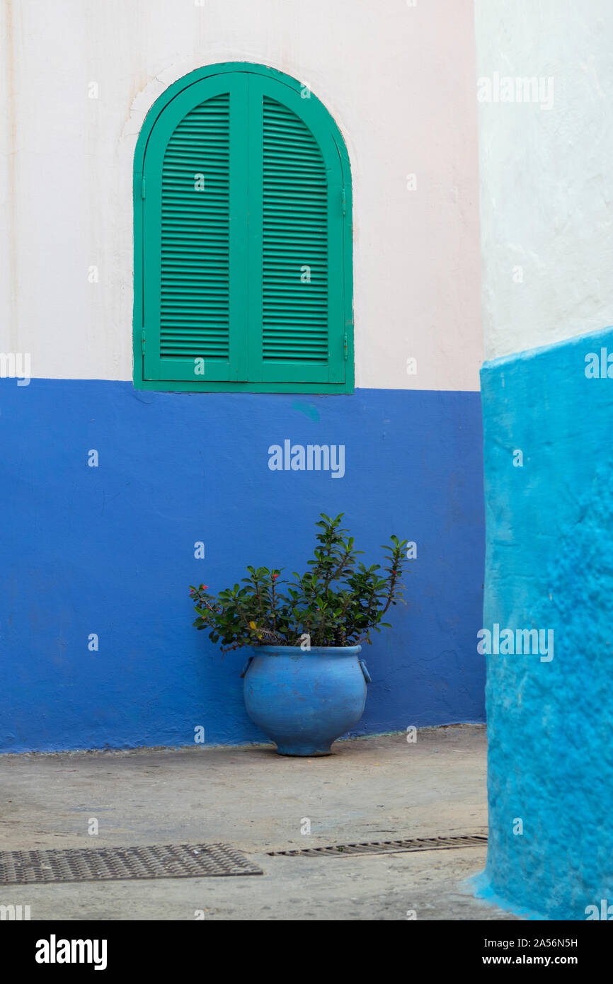 Fenêtre traditionnelle marocaine protégés avec des volets verts à Asilah, Maroc Banque D'Images