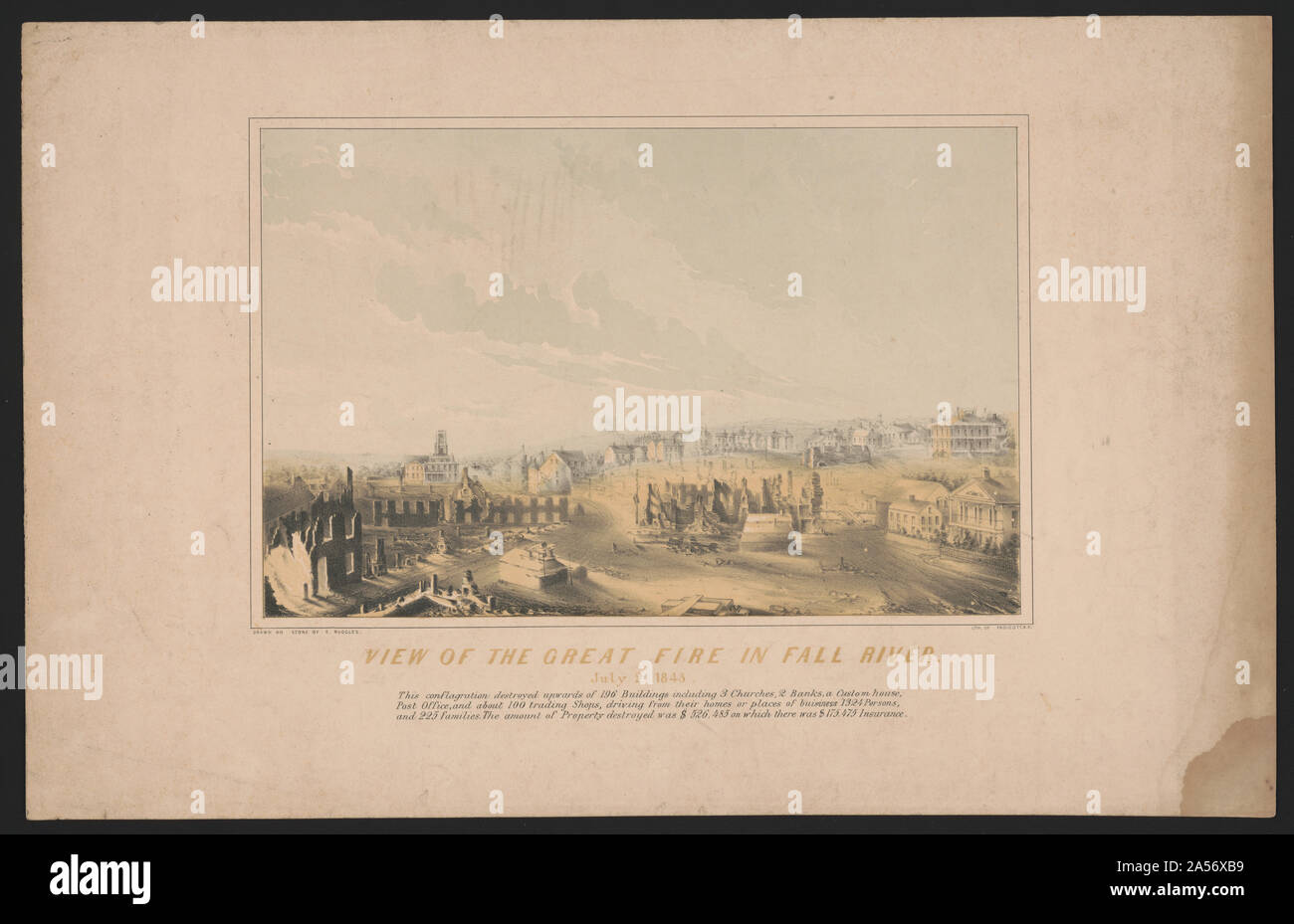 Vue sur le grand incendie à Fall River. 2 juillet 1843 / dessiné sur pierre par E. Ruggles Banque D'Images