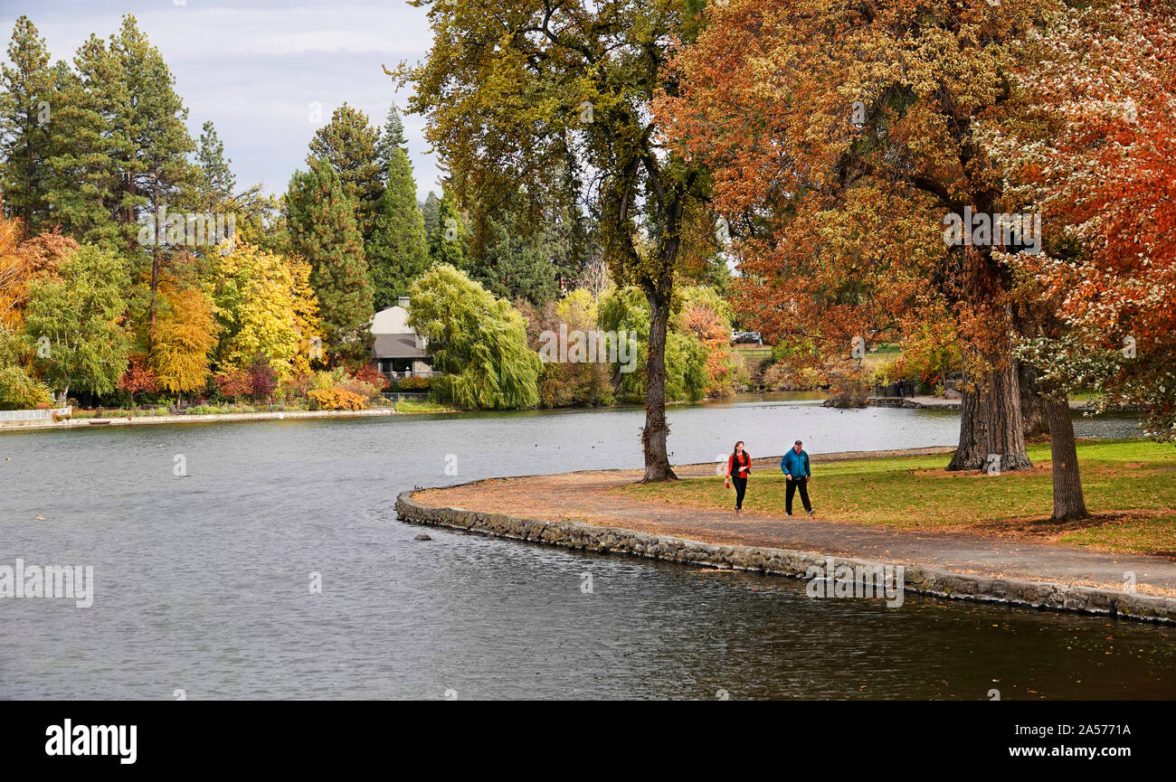 Le saule, le peuplier faux-tremble et peuplier transformer l'or et rouge le long de la rivière Deschutes dans le centre-ville de Bend, Oregon, à l'automne lors de la mi-octobre. Banque D'Images