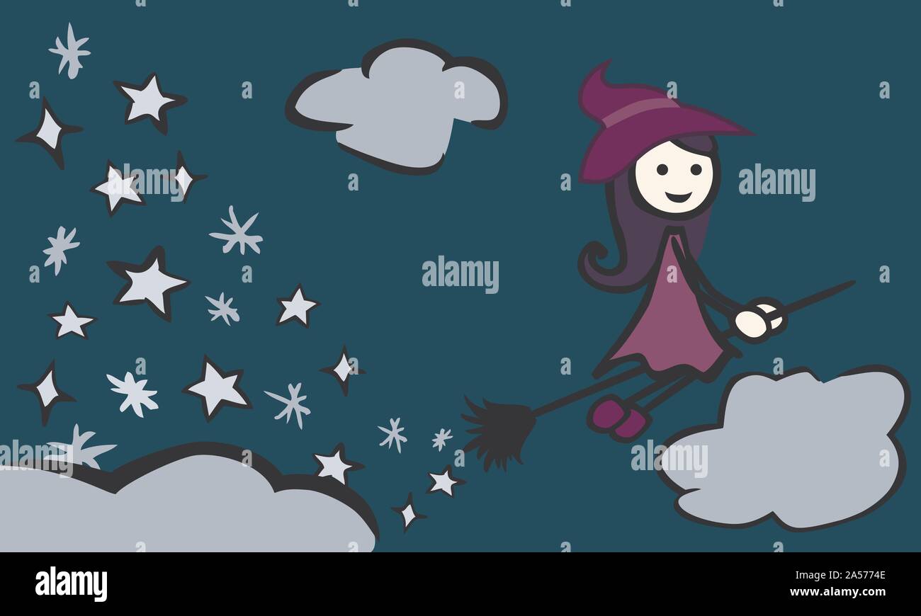 Simple   balai de sorcière battant   clouds stars nuit  par jziprian Illustration de Vecteur