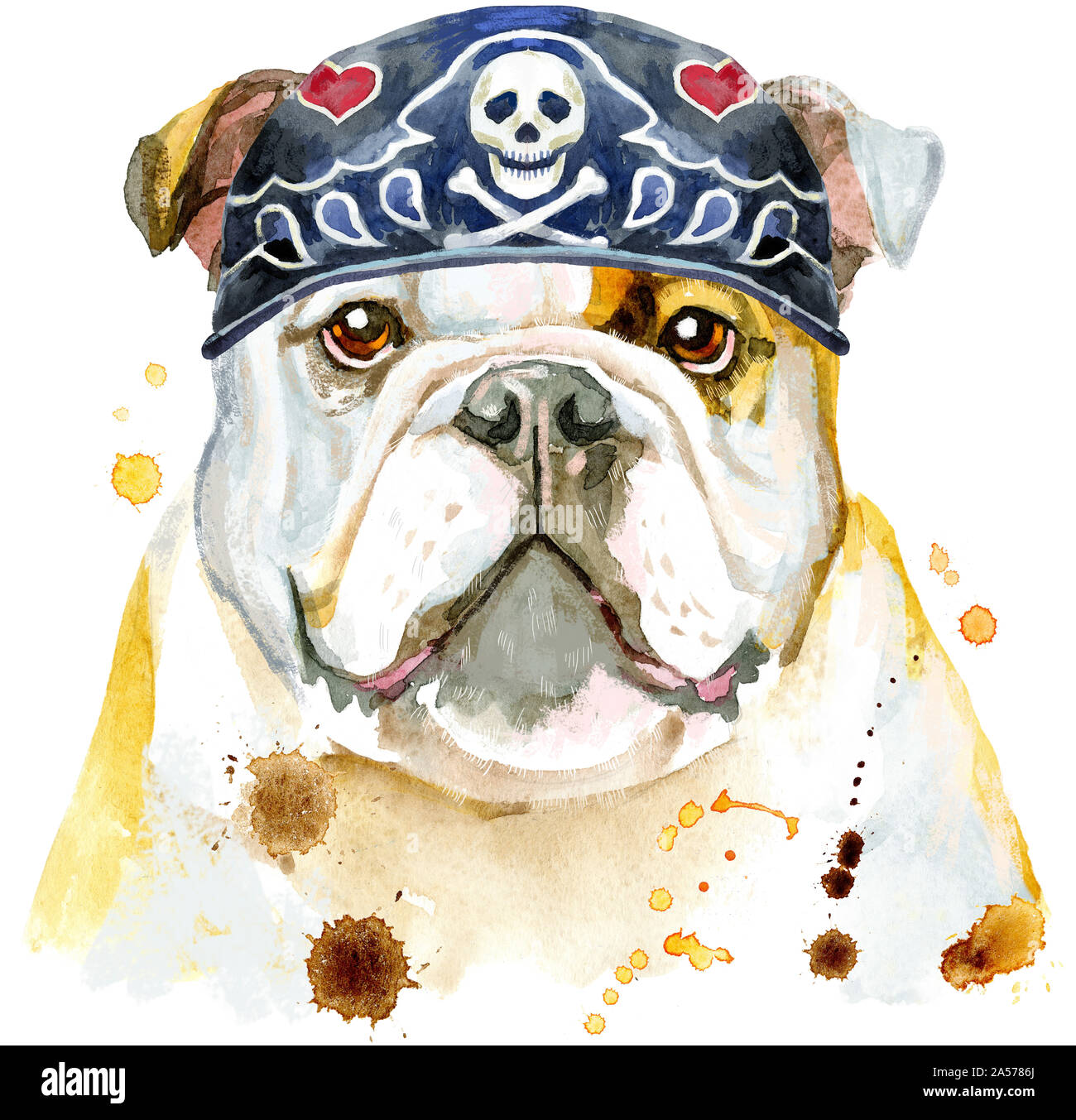 Portrait à l'aquarelle de bulldog portant bandana biker Banque D'Images