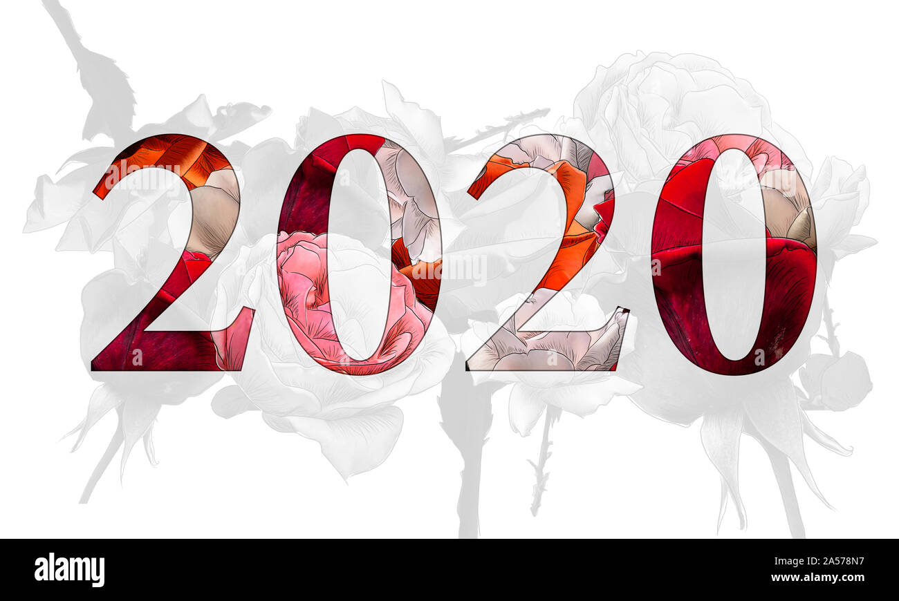 2020 avec un collage de roses rouges et monochrome par jziprian  Banque D'Images