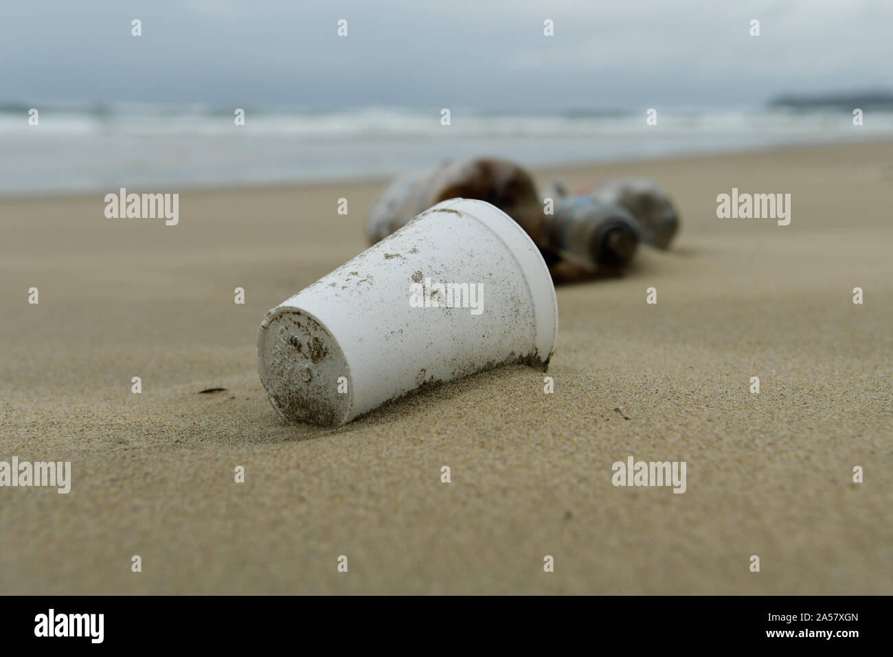 Jetables en polystyrène blanc sortir boire tasse échouée sur la plage, la pollution en plastique, objets, Close up, contexte, in situ, Durban, Afrique du Sud Banque D'Images