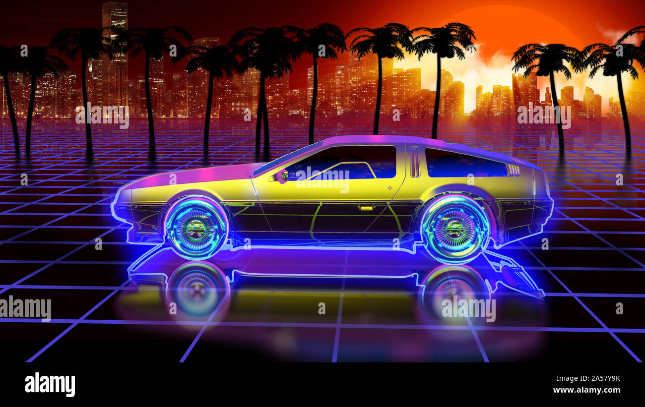 Monde futuriste rétro lumineux de l'ordinateur de l'espace dans le style de la science-fiction des années 80. Voiture futuriste dans l'espace virtuel. L'arrière-plan est parfait Banque D'Images