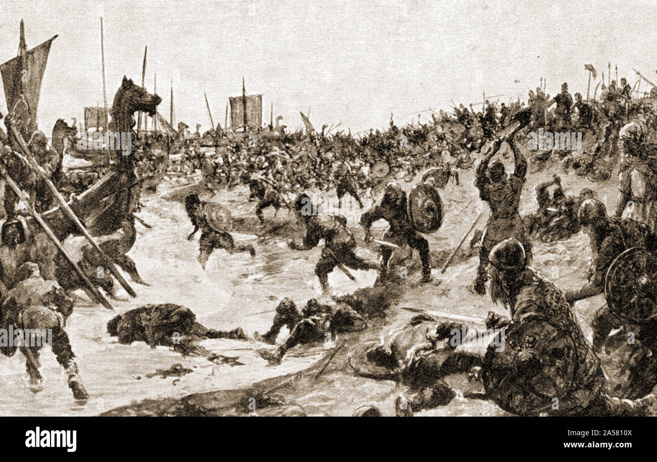 Athelstan Athelstan /, Roi des Anglo-Saxons, à la bataille de Brunanburgh (AD 937) lorsqu'une force combinée de l'Écossais et les Vikings ont envahi l'Angleterre - avec le co-fonctionnement de l'Olaf Guthfrithson, Roi de Dublin ; Constantin II, roi d'Ecosse et Owain, roi de Strathclyde.... Le site de Brunanburgh est contestée, mais les chercheurs ont suggéré Bromborough sur la Péninsule de Wirral1930's illustration Banque D'Images