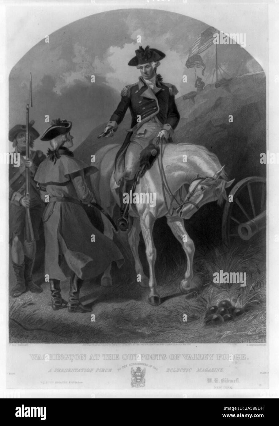 Washington aux avant-postes de Valley Forge Résumé : Imprimer montre le Général George Washington à cheval, la remise d'un télescope pour un officier, peut-être même Marquis de Lafayette ou Le baron Von Steuben, debout sur le sol à côté de lui Banque D'Images