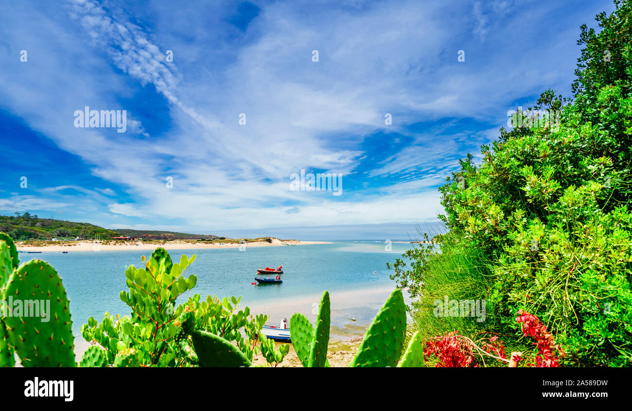 Vue sur la rivière paysage avec Mira, à Vila nova de Milfontes, Portugal Banque D'Images