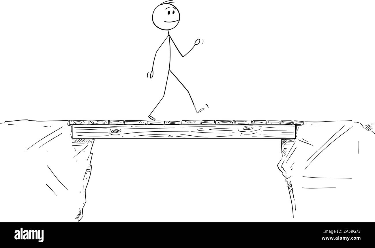 Vector cartoon stick figure dessin illustration conceptuelle de l'homme ou businessman walking et traverser le pont. Illustration de Vecteur