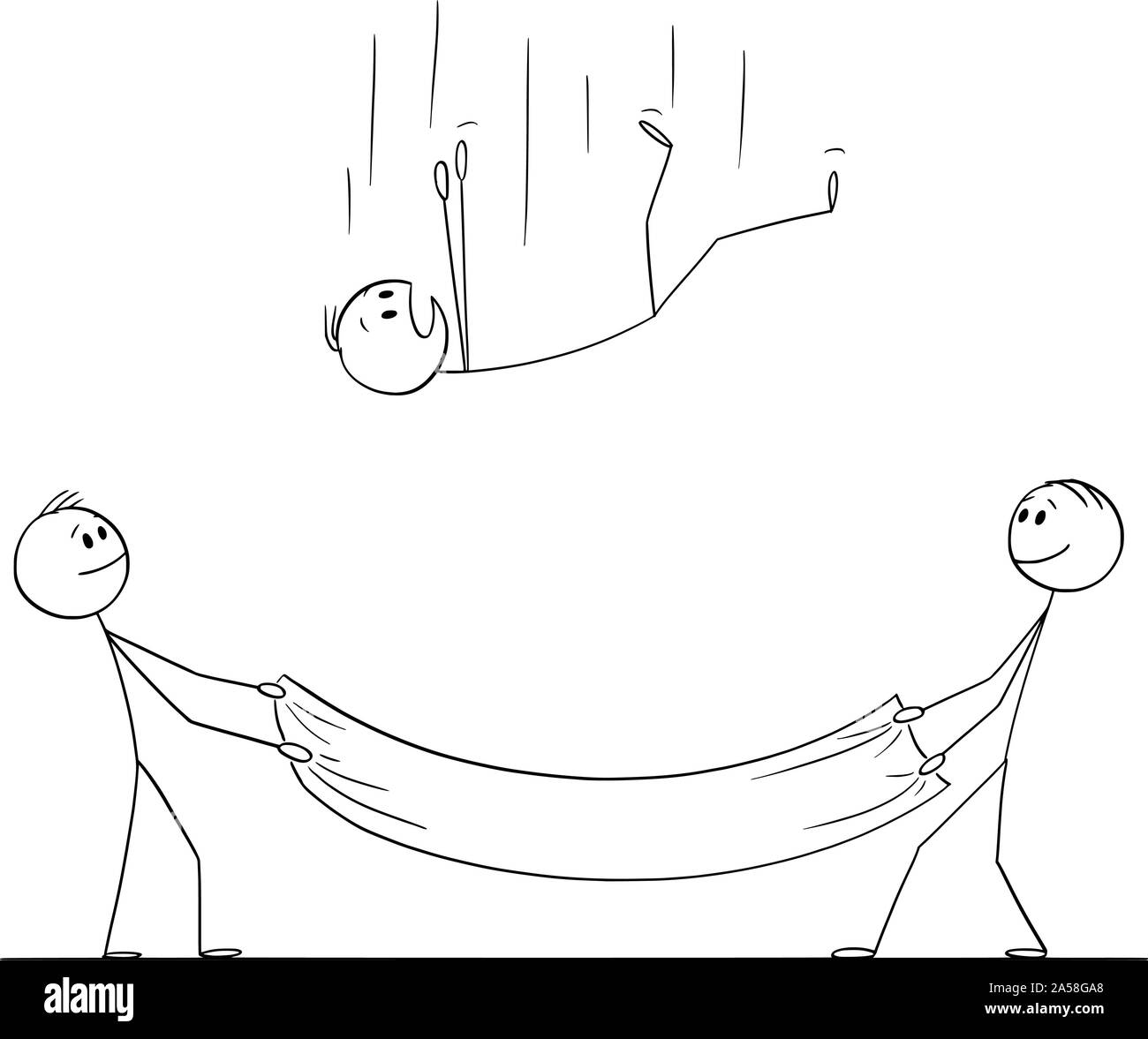 Vector cartoon stick figure dessin illustration conceptuelle de l'homme qui tombe ou d'affaires et deux hommes tenant coffre filet de capturer et de le sauver. Concept de sécurité ou d'assurance. Illustration de Vecteur