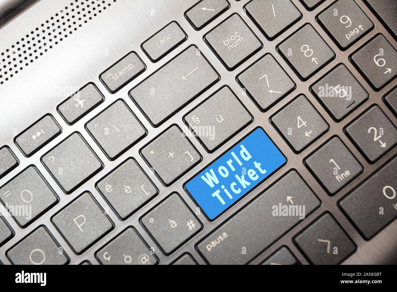 Bouton bleu sur l'ordinateur avec le texte World Banque D'Images