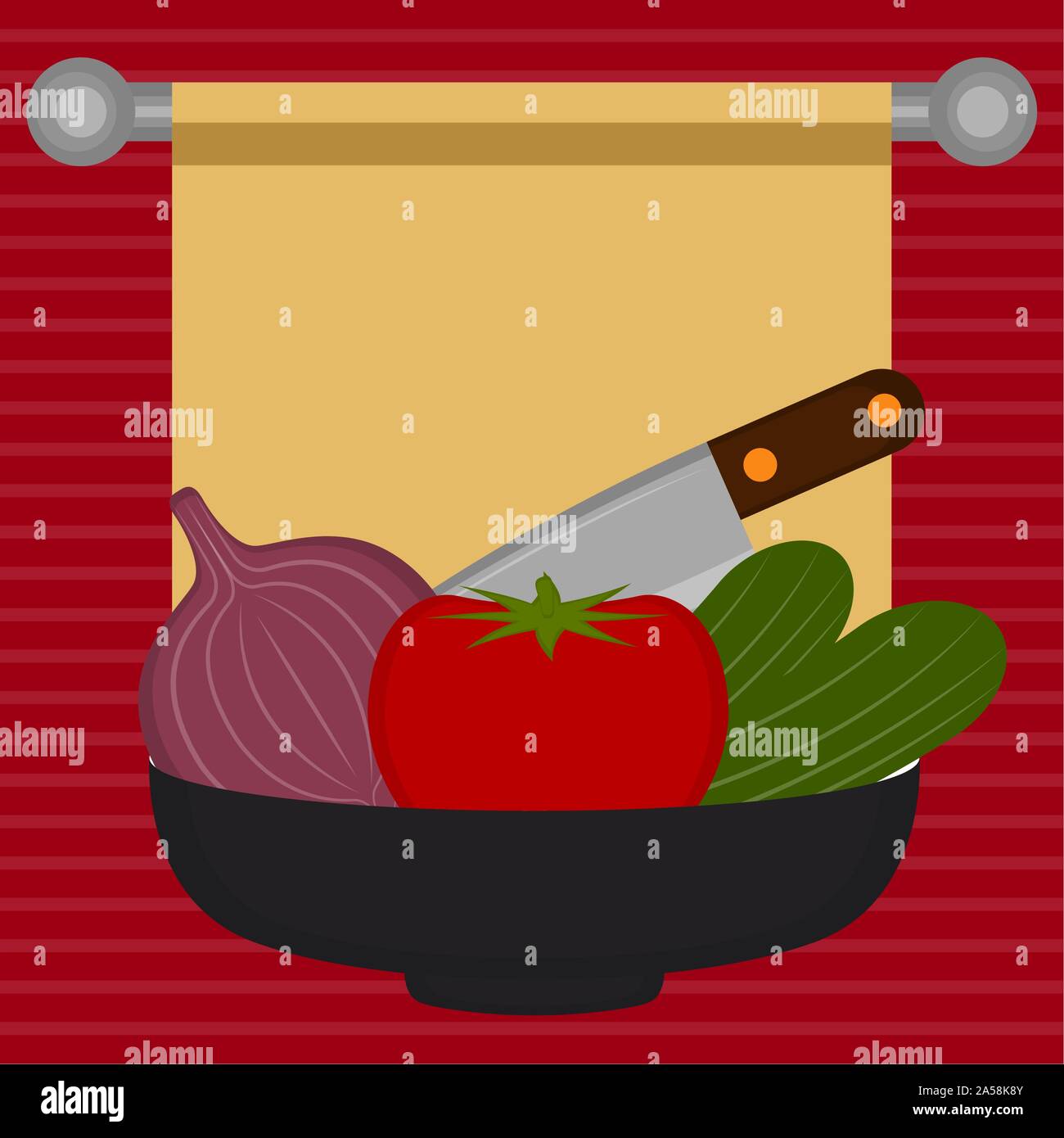 Les concombres, tomates et oignons rouges avec un couteau dans un bol. La préparation des aliments - Vector illustration Illustration de Vecteur