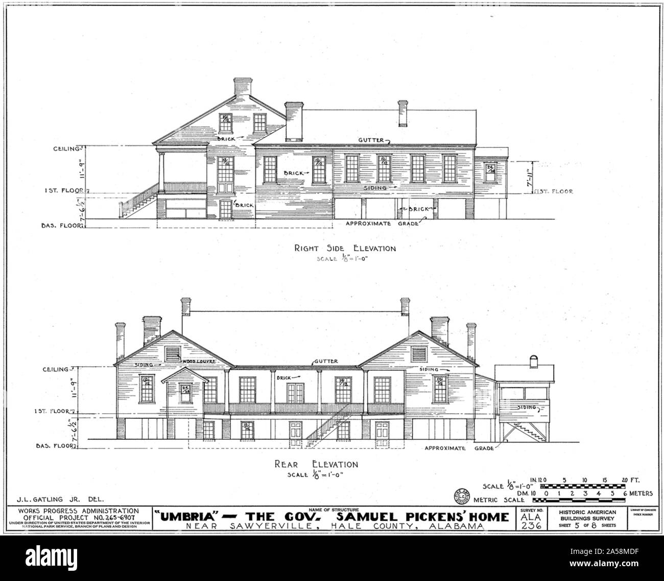 Ombrie Plantation - le dessin architectural de l'ouest et de l'élévation arrière Banque D'Images Ombrie Plantation - le dessin architectural de l'ouest et de l'élévation arrière Banque D'Images
