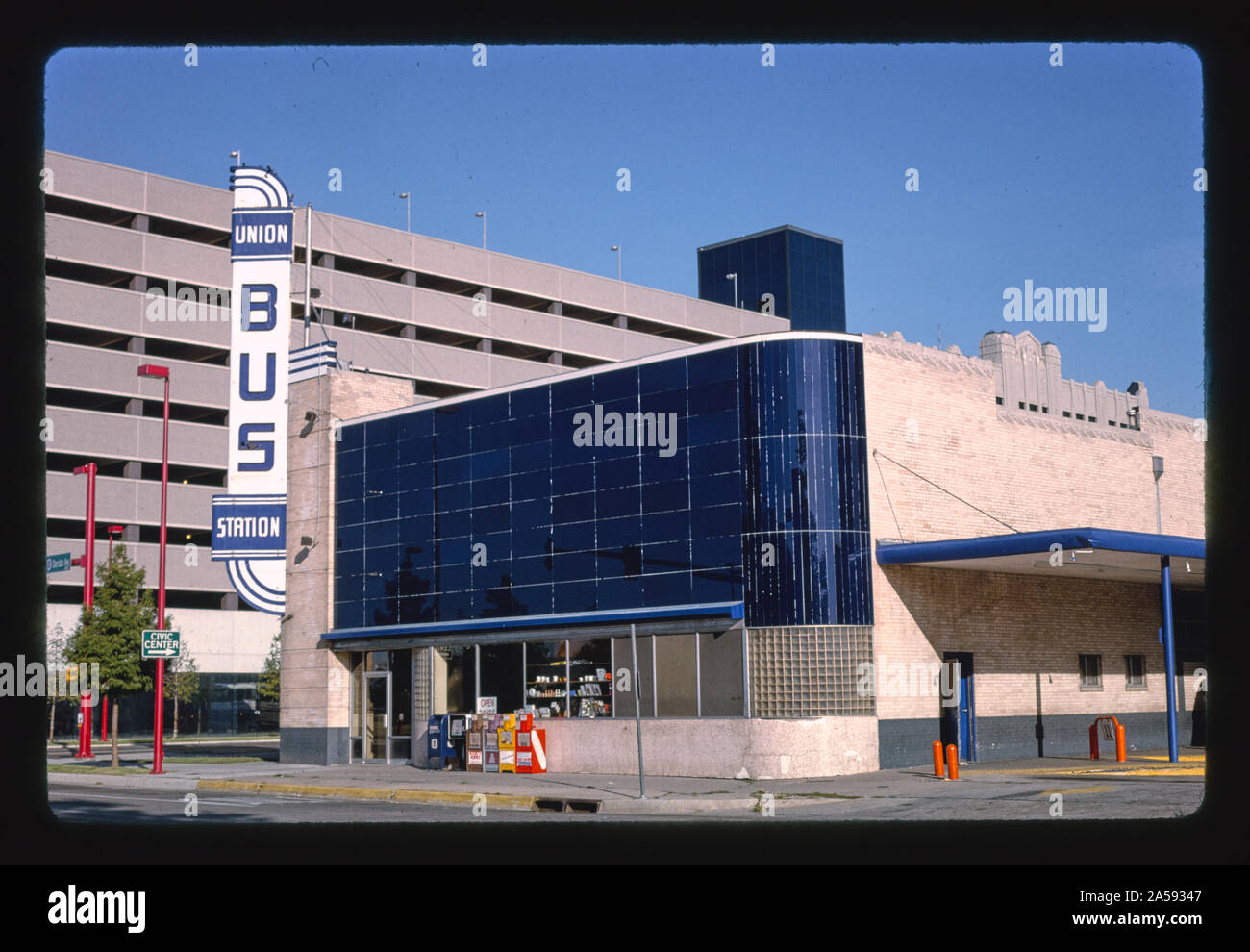 La gare routière de l'Union européenne signe, Walker et Sheridan Rues, Oklahoma City, Oklahoma Banque D'Images