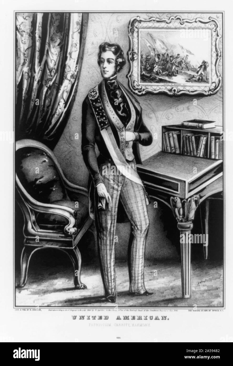 United American. Le patriotisme, la charité, l'harmonie Résumé : Une représentation idéalisée d'un membre de l'ordre de United américains nativiste, une société fondée à New York en 1844 que l'American fraternité. (L'organisation a acquis son nom actuel l'année suivante.) l'Organisation des Américains ont été créés pour s'opposer à l'influence étrangère dans les institutions américaines et le gouvernement. (Voir également les notes sur deux certificats pour l'ordre, nos 1848-1 et 1850-2). Currier's portrait présente un jeune homme, de l'évident bon élevage, le port de la ceinture de l'ordre. Il se tient devant un bureau et une chaise, d'où il Banque D'Images