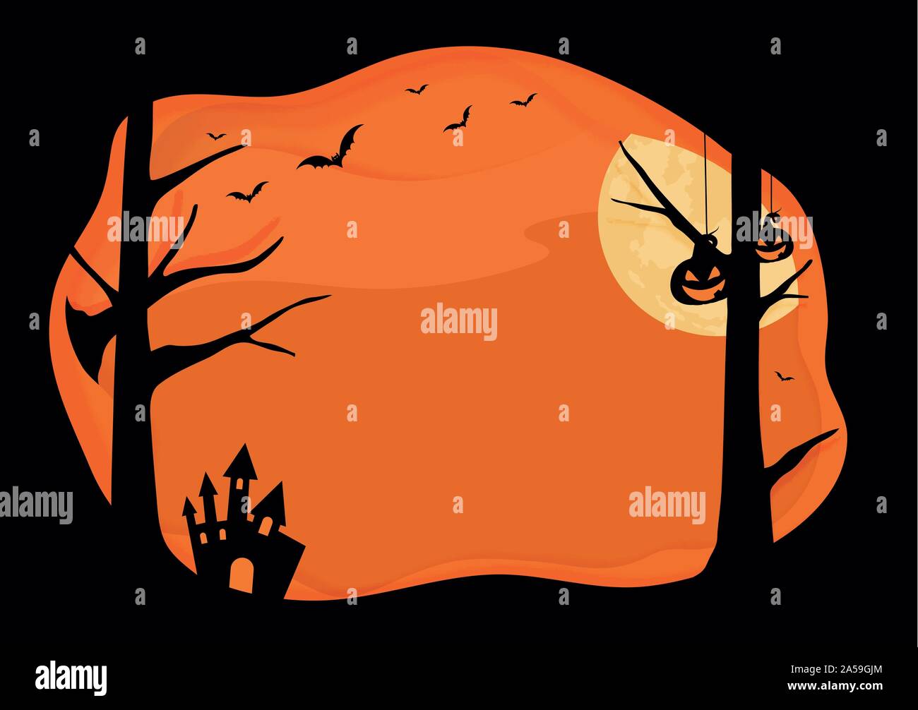 Vecteur de fond orange Halloween horizontale avec la couche frontière, chauve-souris, citrouille, lune Illustration de Vecteur