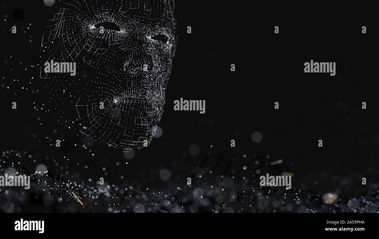 Visage humain composé de lignes et points lumineux. 3D illustration sur fond noir Banque D'Images