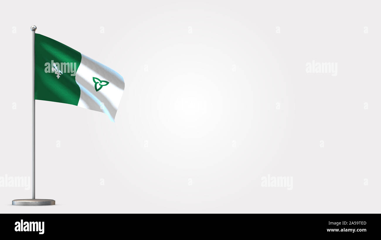 3D franco-ontarienne waving flag illustration sur mât. Parfait pour arrière-plan avec l'espace sur le côté droit. Banque D'Images