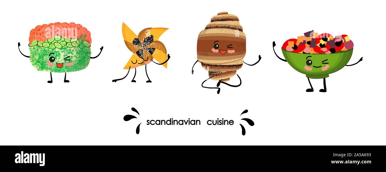 Un ensemble de plats. La cuisine scandinave. Personnages Manga. Kawaii salade. Illustration de Vecteur