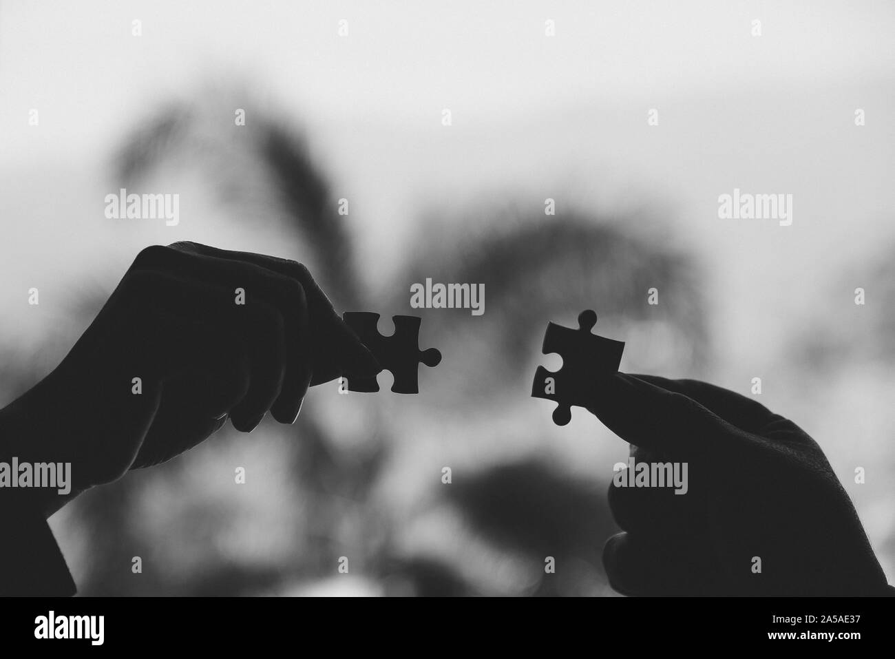 Image en noir et blanc de deux mains tenant un puzzle avec le sentiment de l'amour Banque D'Images