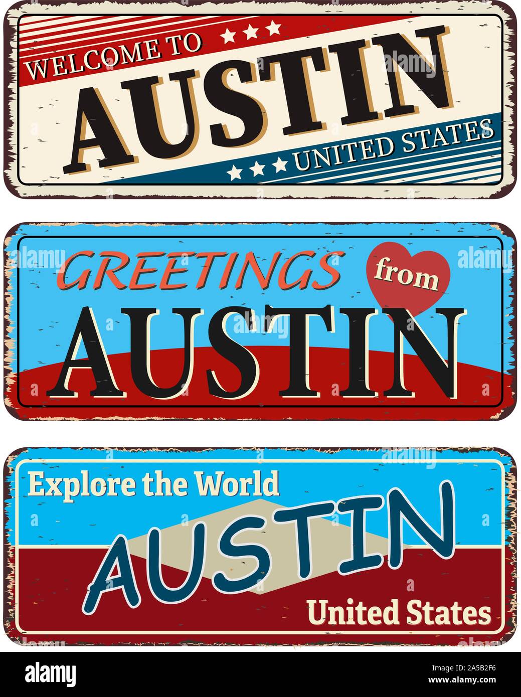 Vintage tin sign collection avec nous. La Ville d'Austin. Retro de souvenirs ou de vieux papier carte postale des modèles sur fond rouille Illustration de Vecteur