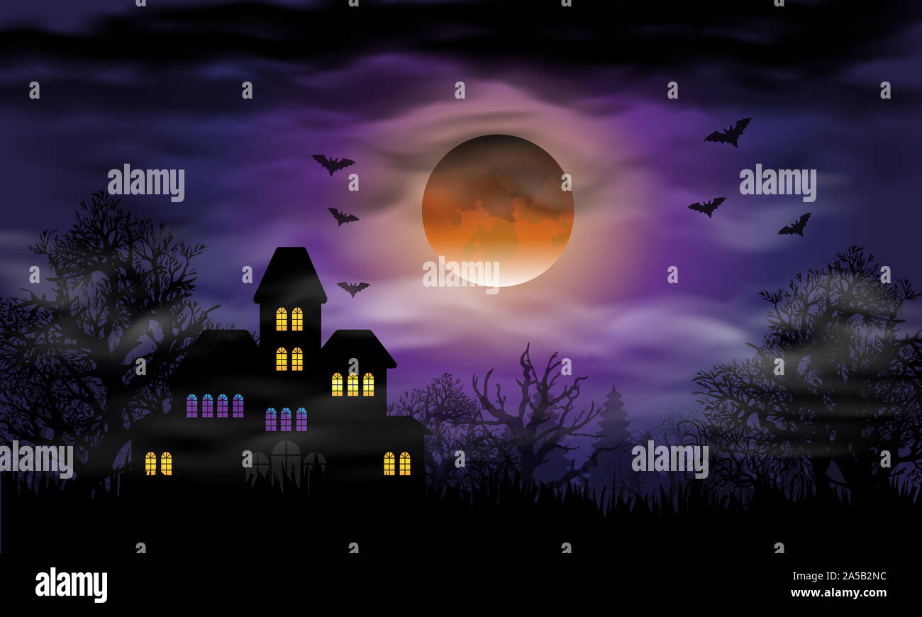 Maison hantée avec pleine lune eclipse et les chauves-souris au soir de l'Halloween Banque D'Images