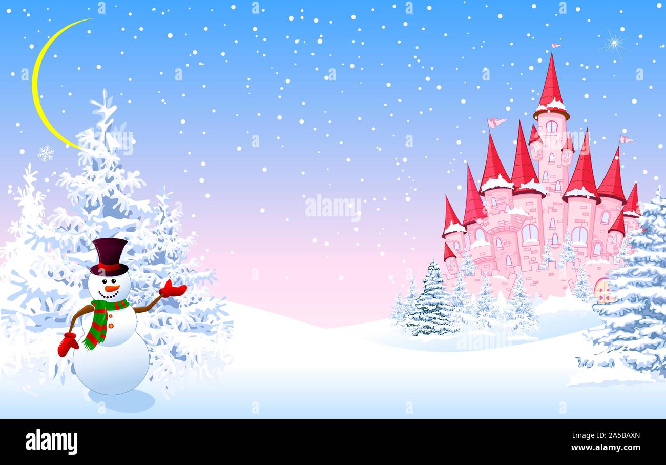 Cartoon château rose et un bonhomme sur fond d'une forêt enneigée en hiver. Paysage d'hiver avec un château rose. Illustration de Vecteur
