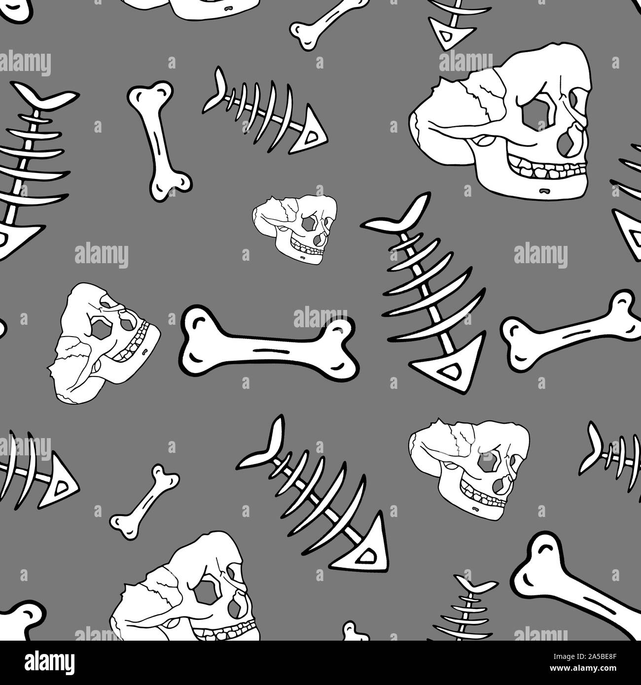 Modèle sans couture faite de crânes et d'os dans le style engravig sur fond gris. Motif de l'Halloween. Banque D'Images