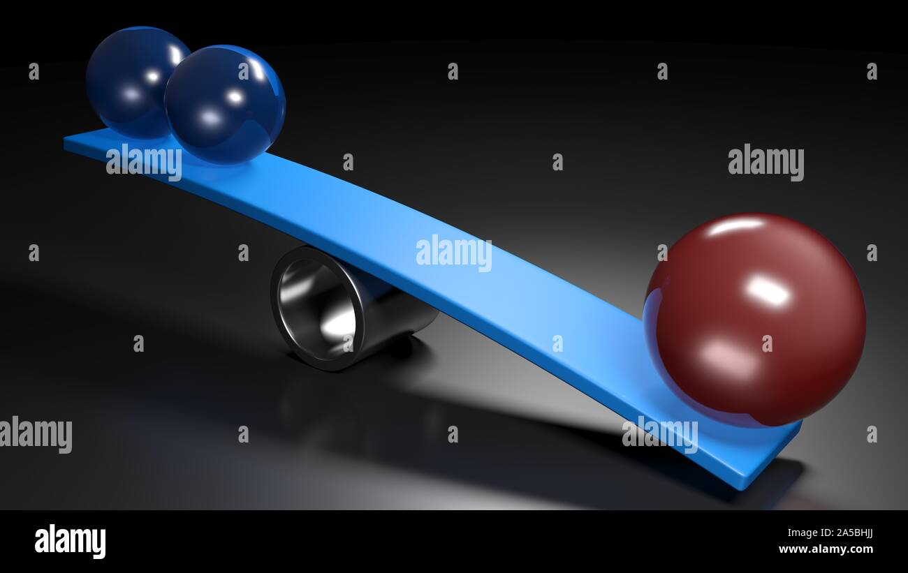 Concept d'équilibrage avec l'image des sphères rouges et bleus - le rendu 3D illustration Banque D'Images