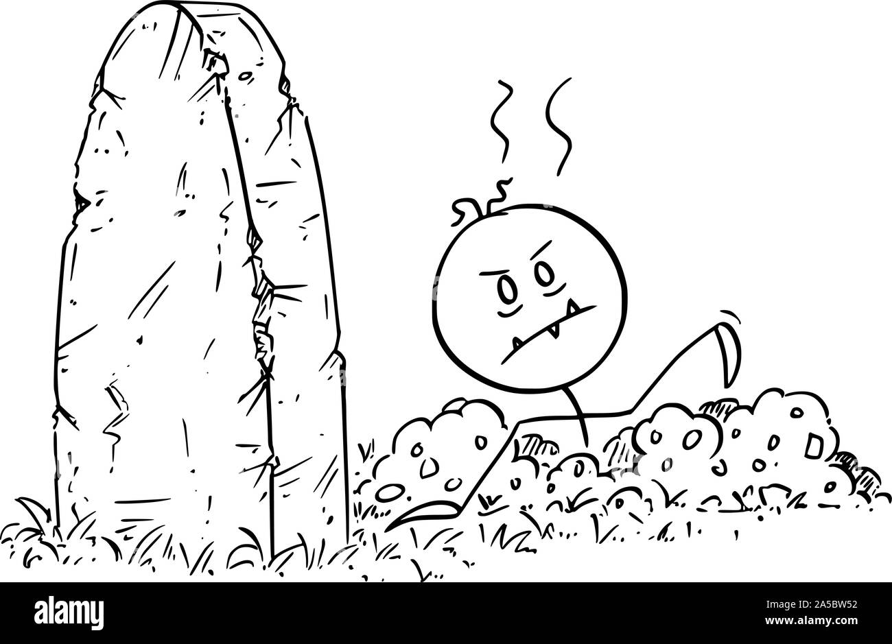 Vector cartoon stick figure dessin illustration conceptuelle de dead zombie Halloween sortant de la tombe sur le cimetière. Illustration de Vecteur