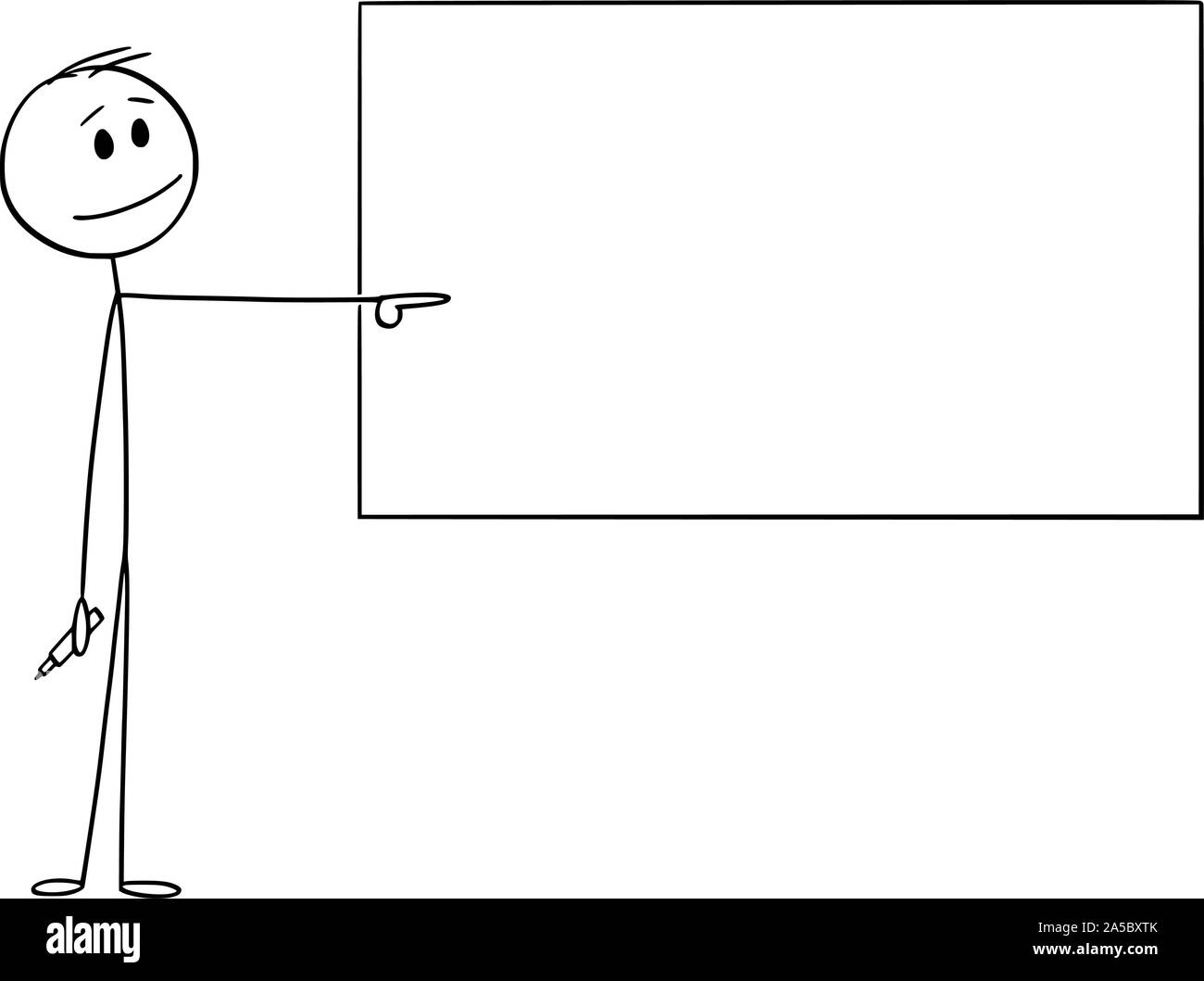 Vector cartoon stick figure dessin illustration conceptuelle de l'homme ou homme d'affaires ou de l'enseignant avec le marqueur en main pointant à vide tableau blanc. Illustration de Vecteur