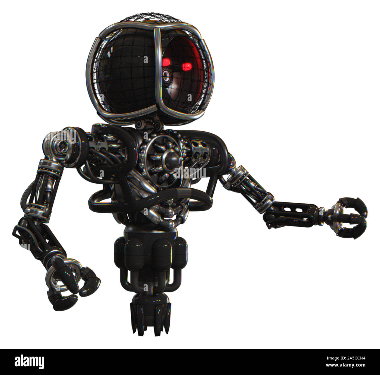 Bot contenant des éléments : ronde des barbelés, à tête ronde haut de la poitrine lourde, pas de poitrine, propulsion. Matériel : Noir. Situation : L'interaction. Banque D'Images
