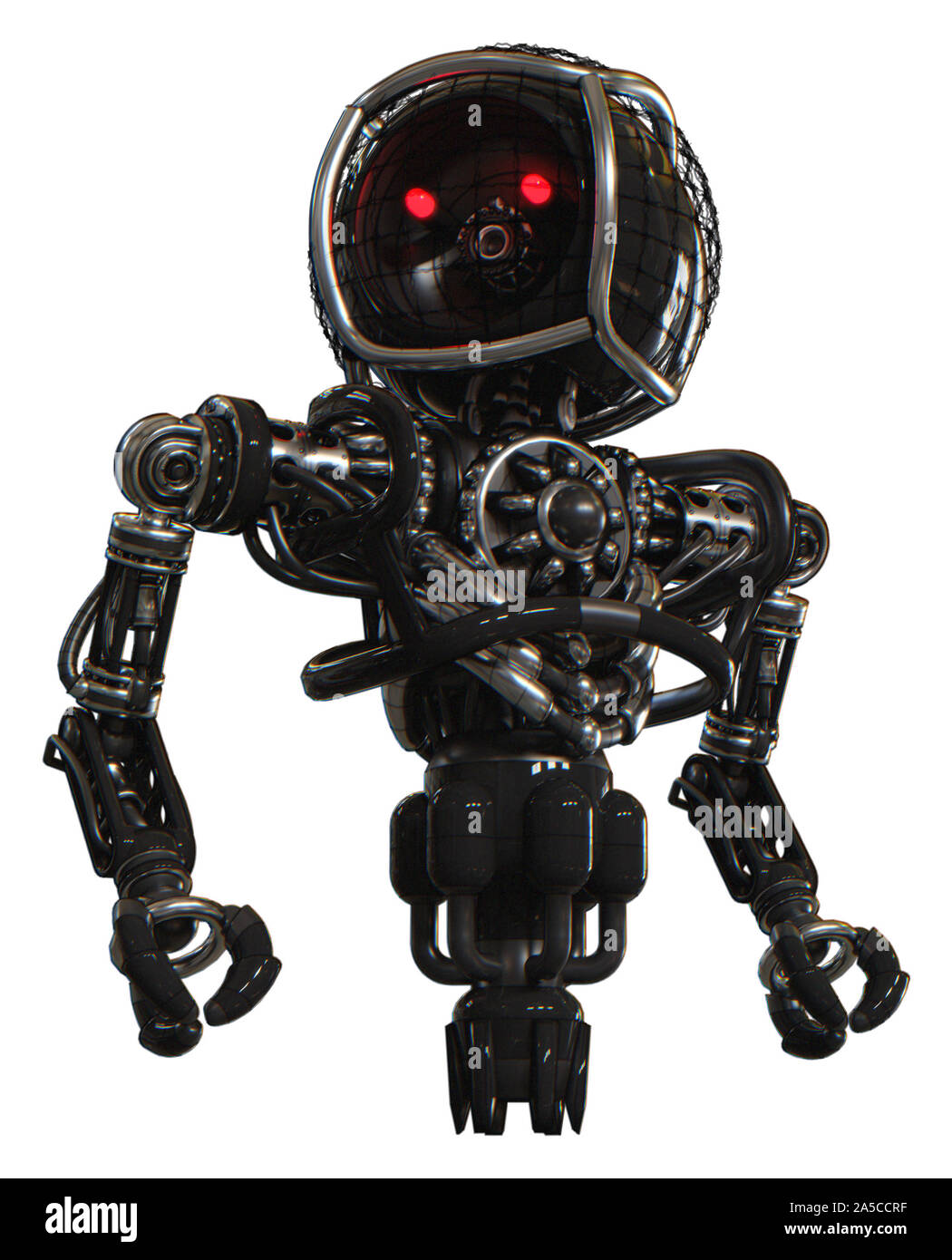 Bot contenant des éléments : ronde des barbelés, à tête ronde haut de la poitrine lourde, pas de poitrine, propulsion. Matériel : Noir. Situation : pose de héros. Banque D'Images