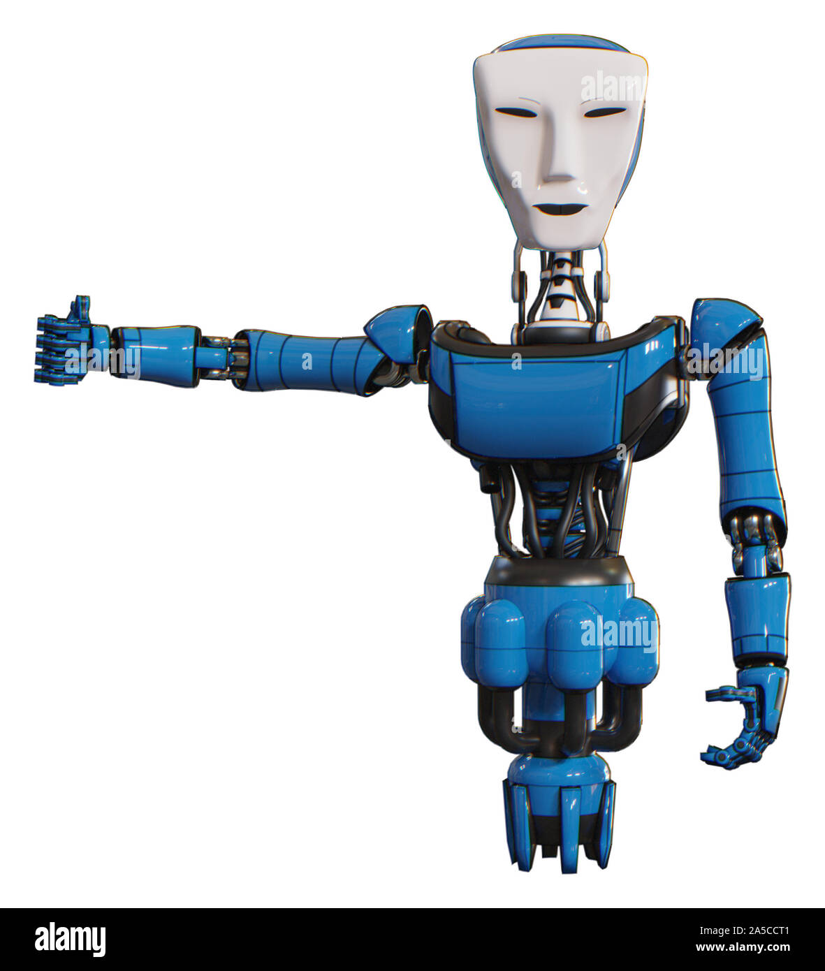 Contenant des éléments Cyborg humanoïde : masque de visage, de la lumière, exoshielding poitrine poitrine ultra-léger exosuit, Jet Propulsion. Matériel : Bleu. Situation : Bras sorti Banque D'Images