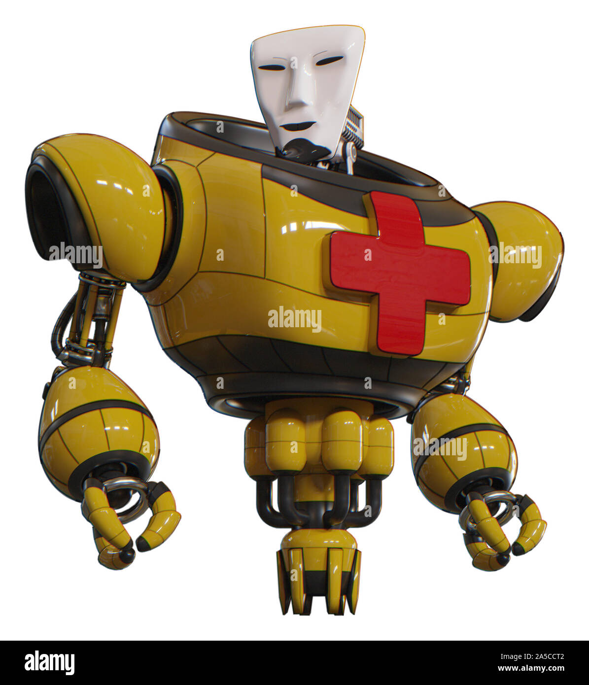 Android contenant des éléments : masque Visage humanoïde, lourd haut de la poitrine, les premiers soins, symbole de la poitrine jet propulsion. Matériel : Jaune. Situation : pose de héros. Banque D'Images