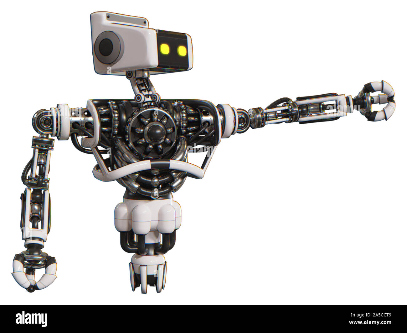 Mech contenant des éléments : double tête de caméra rétro retro, tête du dispositif technique, le haut de la poitrine lourde, pas de poitrine, propulsion. Matériau : Blanc. Situat Banque D'Images