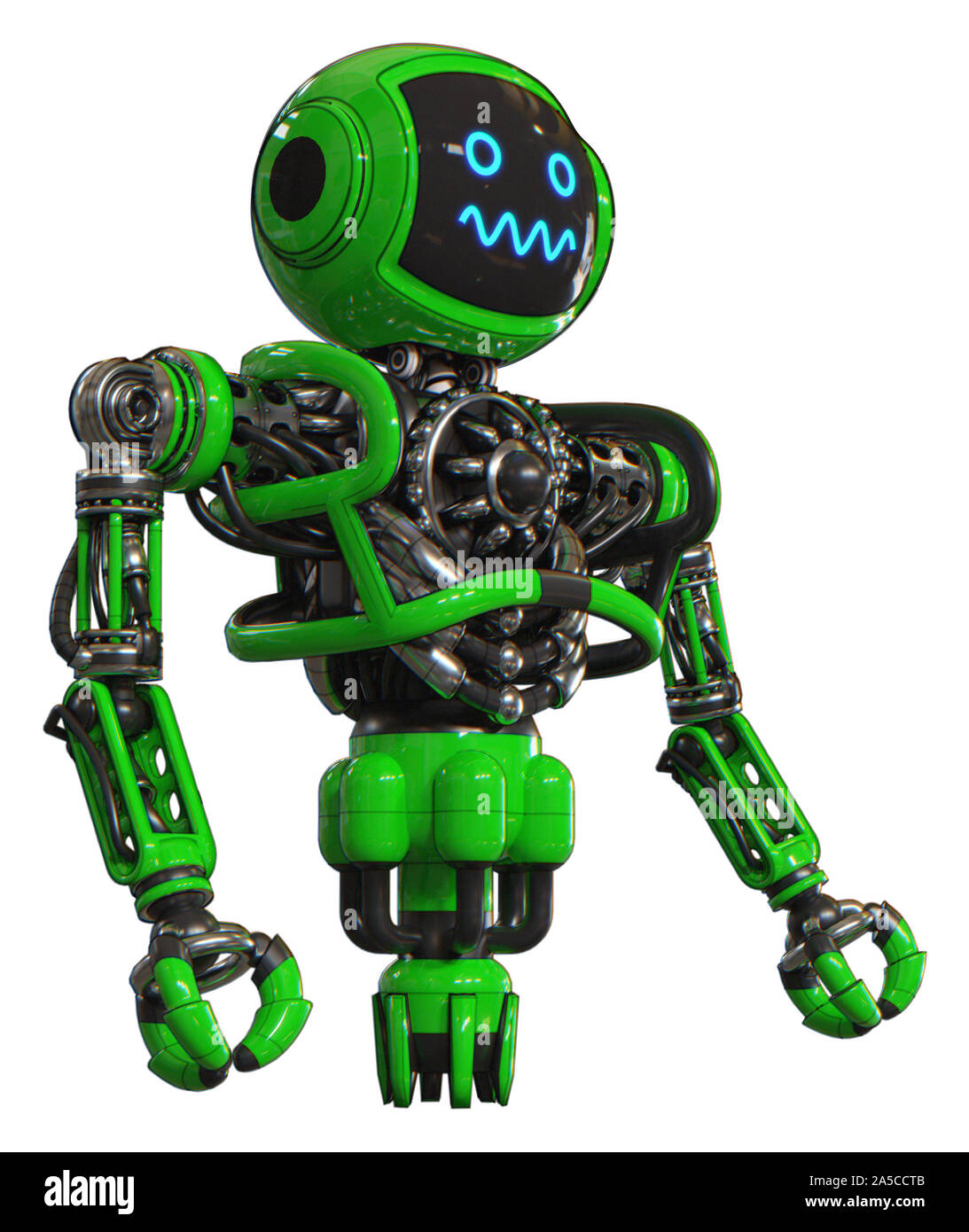 Droid contenant des éléments : tête d'affichage numérique, expression stupéfaite, lourd haut de la poitrine, pas de poitrine, propulsion. Matériel : Vert. Situation : Banque D'Images