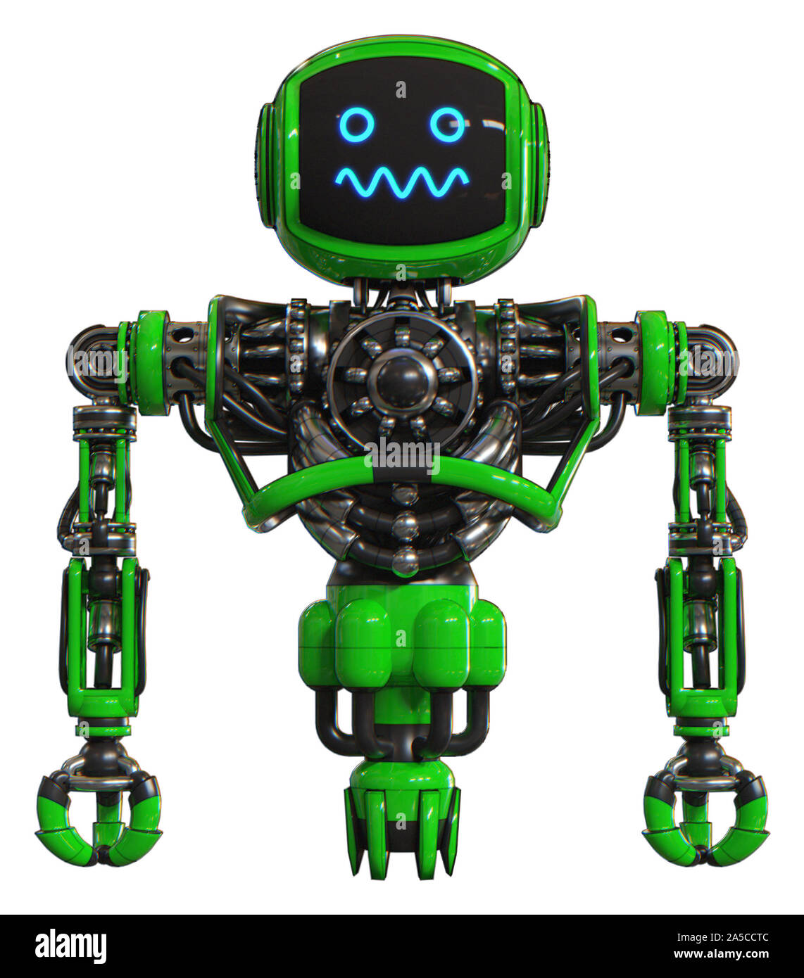 Droid contenant des éléments : tête d'affichage numérique, expression stupéfaite, lourd haut de la poitrine, pas de poitrine, propulsion. Matériel : Vert. Situation : Banque D'Images
