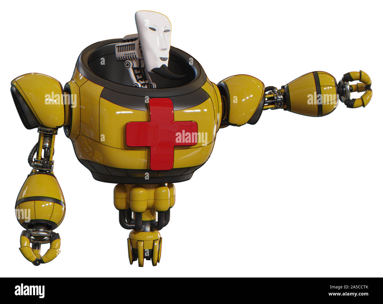 Android contenant des éléments : masque Visage humanoïde, lourd haut de la poitrine, les premiers soins, symbole de la poitrine jet propulsion. Matériel : Jaune. Situation : pointant vers la gauche Banque D'Images