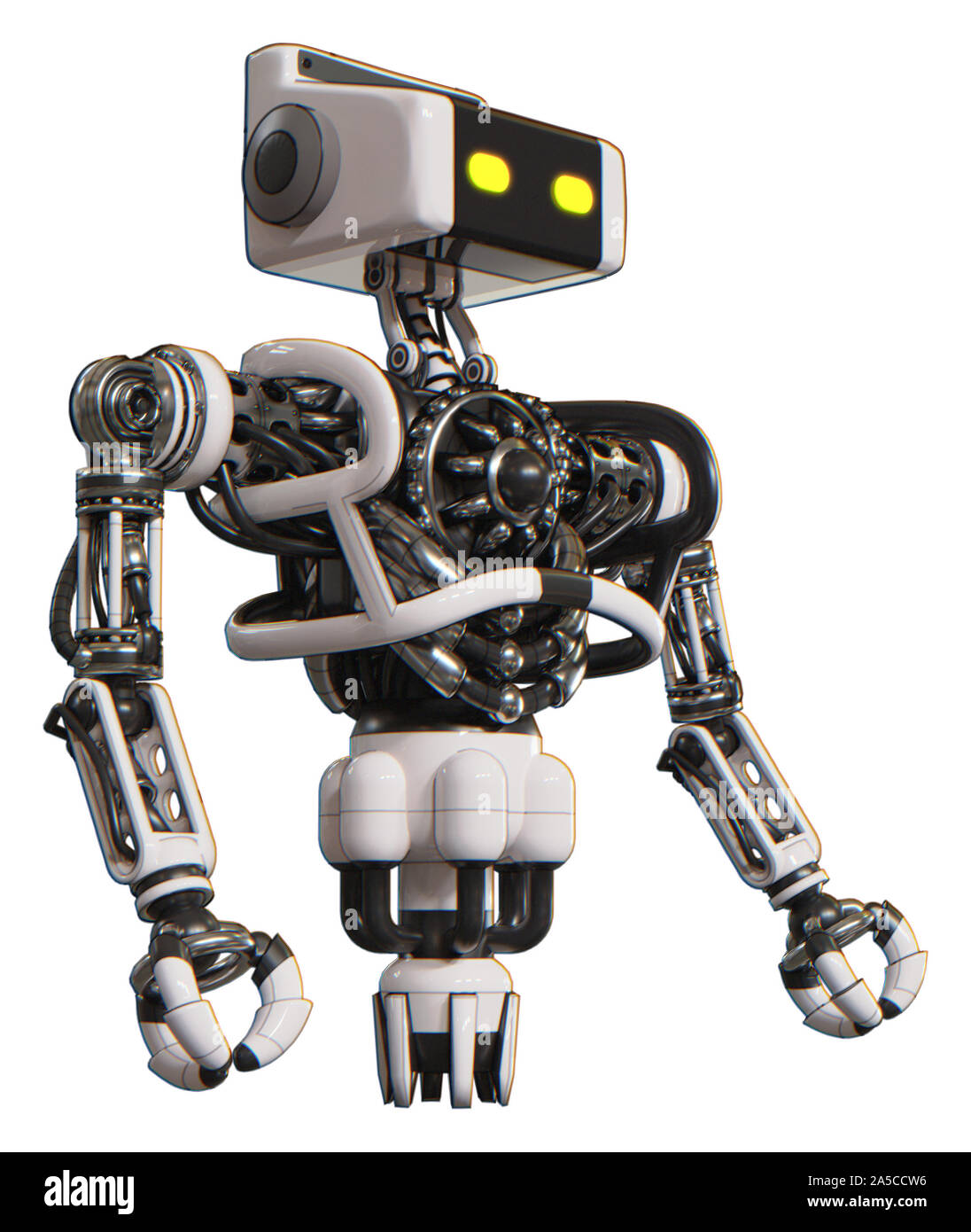 Mech contenant des éléments : double tête de caméra rétro retro, tête du dispositif technique, le haut de la poitrine lourde, pas de poitrine, propulsion. Matériau : Blanc. Situat Banque D'Images