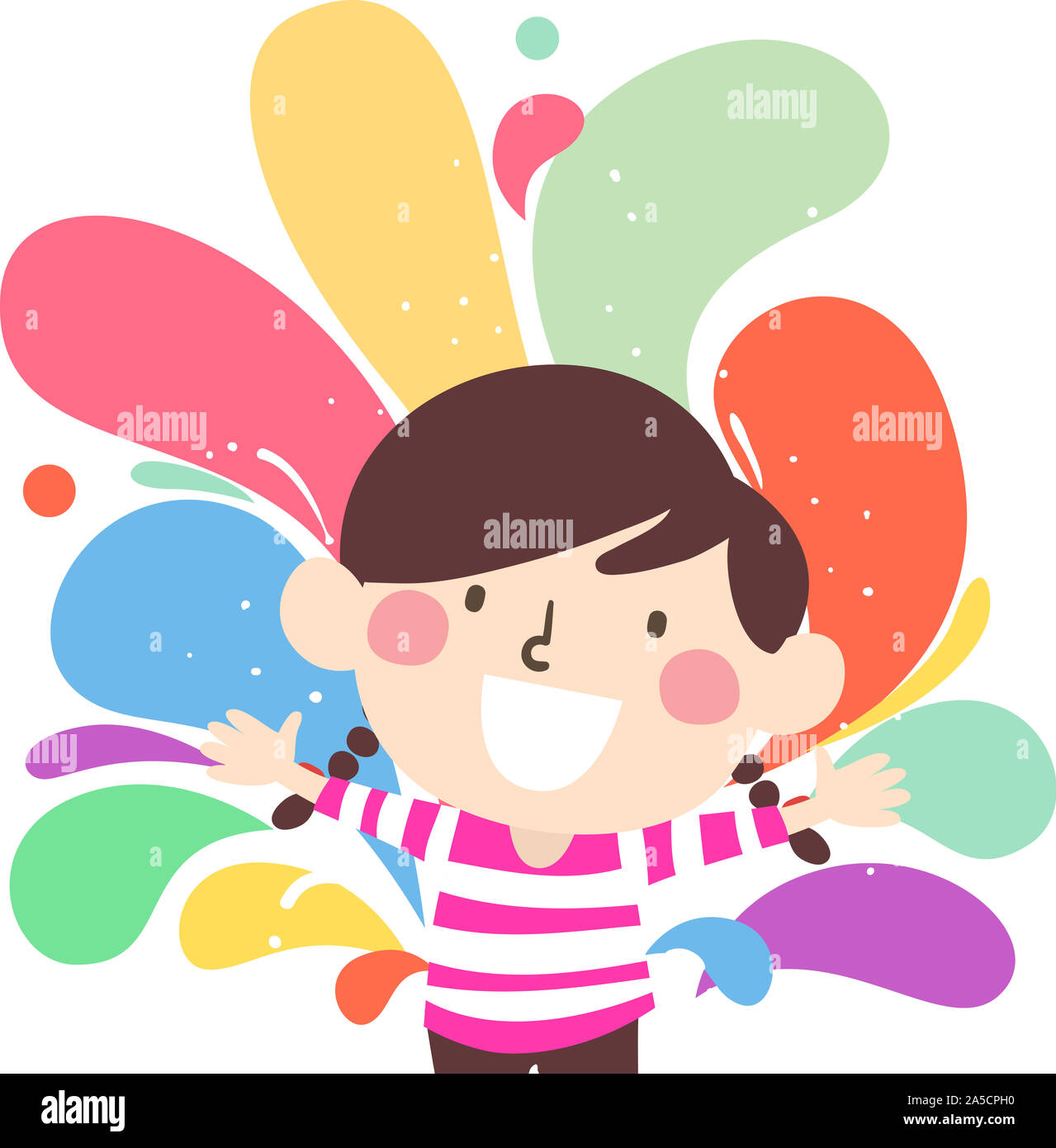 Illustration d'un enfant fille avec les mains en l'air et des tourbillons colorés derrière. Concept créatif Banque D'Images