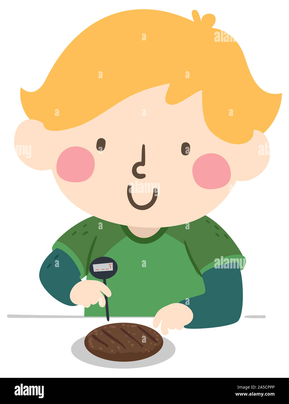 Illustration d'un enfant garçon tenant un thermomètre à viande, la mesure de la température d'un hamburger Patty Banque D'Images
