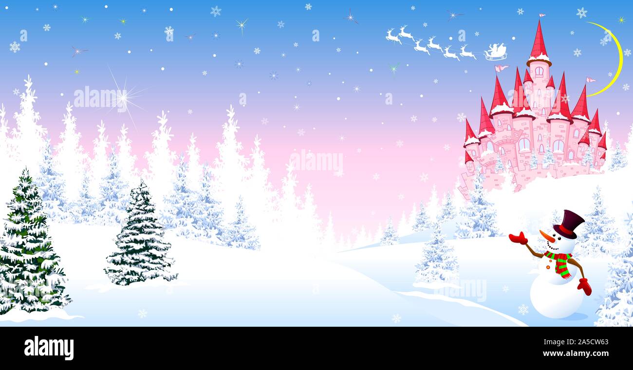 Cartoon château rose sur fond d'une forêt enneigée en hiver. Nuit d'hiver paysage avec un château rose. Snowman est d'accueil. Père Noël sur son sleig Illustration de Vecteur