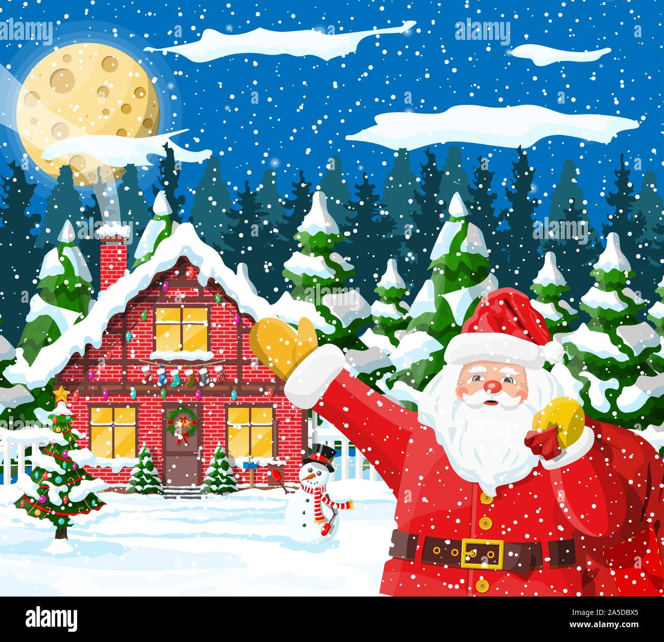 Noël arrière-plan. Père Noël avec cadeaux sac Illustration de Vecteur